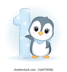 Cute Little Penguin and number 1, First Birthday party, Happy birthday 1 year old