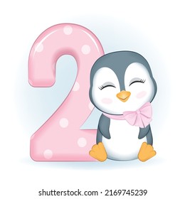 Cute Little Penguin and number 2, Happy birthday 2 years old