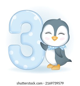 Cute Little Penguin and number 3, Happy birthday 3 years old