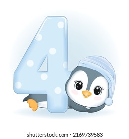 Cute Little Penguin and number 4, Happy birthday 4 years old