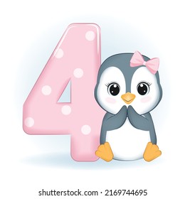 Cute Little Penguin and number 4, Happy birthday 4 years old