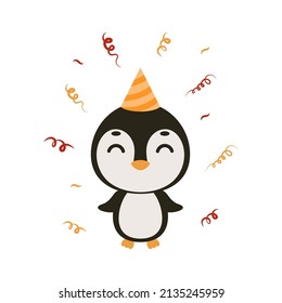 Cute little penguin on birthday hat on white background. Cartoon animal character for kids cards, baby shower, invitation, poster, t-shirt composition, house interior. Vector stock illustration.