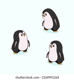 Cute little penguin on a blue background, set. Children's vector illustration, character