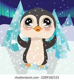 Cute little penguin on an ice floe, it's snowing. Birthday card