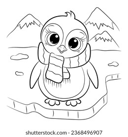 Cute little penguin on an ice floe. Vector black and white illustration. Coloring book for children.