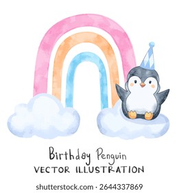 Pequeno pinguim bonito na nuvem branca com arco-íris colorido atrás. Vetor aquarela perfeito para projeto de aniversário e design de cartões de saudação