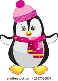 Cute little penguin with pink hat and pink scarf.Cartoon style hand drawn vector illustration.