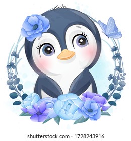 Cute little penguin portrait with floral