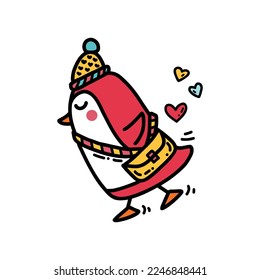 A cute little penguin postman in a winter hat runs with a whole bag of colorful hearts. Funny childish illustration for stickers, greeting cards, baby textiles. Vector art in doodle style