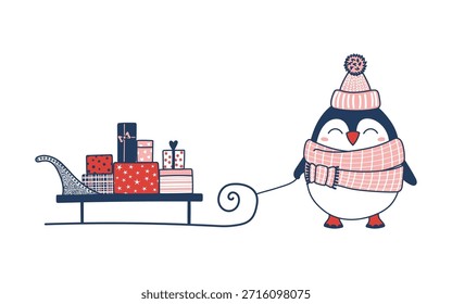 Cute little penguin pulling sled with gifts isolated on transparent. Line drawing. Hand drawn vector illustration. Cartoon character. Traditional Christmas, New Year, winter design element, clip art