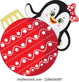 Cute little penguin with red Christmas ball.Cartoon style hand drawn vector illustration.Christmas and New Year concept.