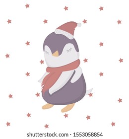 Cute little penguin with red dots on the background. 