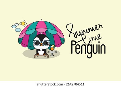 Cute little penguin resting on the beach in the sun on deck chairs under a umbrella. Vector illustration.