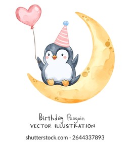 Cute little penguin sit on the moon and holds heart balloon. Watercolor vector perfect for birthday project and greeting cards design