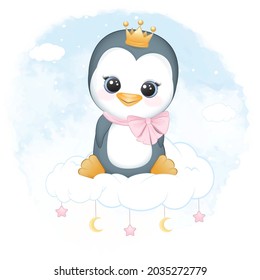 Cute little penguin sitting on the cloud, watercolor background