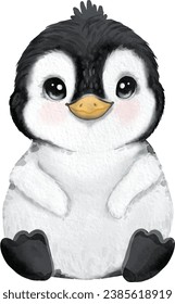 Cute Little penguin sitting watercolor image illustration baby decor