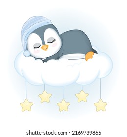 Cute Little Penguin sleeping on the cloud