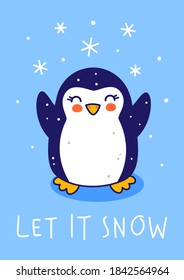 Cute little penguin with snow on blue background - cartoon character for funny Christmas and New Year winter greeting card and poster design