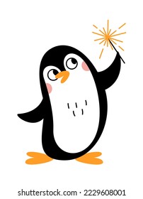 Cute little penguin with sparkler. Vector doodle flat illustration