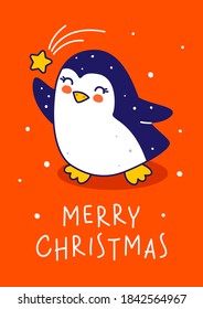 Cute little penguin with star on red background - cartoon character for funny Christmas and New Year greeting card and poster design