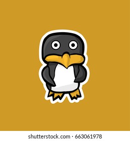 Cute little penguin sticker on a yellow background. Illustration Vector
