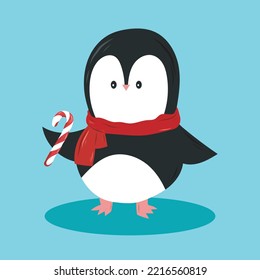 Cute little penguin with stripped candy cane in knitted scarf character flat illustration 