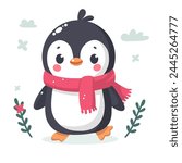 Cute little penguin. Vector flat cartoon illustration isolated on white. Banner, postcard. Penguin awareness day. World Penguin Day, Inscription, signed picture. Character, Antarctic animal, Polar.
