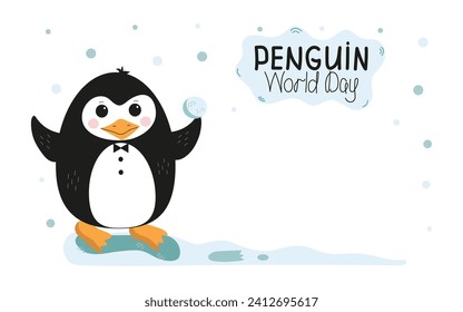 Cute little penguin. Vector flat cartoon illustration isolated on white. Banner, postcard. Penguin awareness day. World Penguin Day, Inscription, signed picture. Character, Antarctic animal, Polar. svg