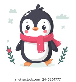 Cute little penguin. Vector flat cartoon illustration isolated on white. Banner, postcard. Penguin awareness day. World Penguin Day, Inscription, signed picture. Character, Antarctic animal, Polar. svg