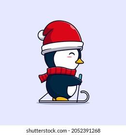 cute little penguin vector illustration design skiing