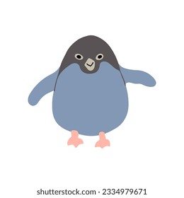 Cute little penguin walking and waving with a hand. Cartoon baby penguin character having fun in winter. Arctic animal vector illustration.