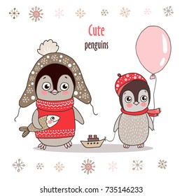 Cute little penguin in warm clothes with fish and baby penguin with balloon. Vector illustration on white background. Childish cartoon design for kid t-shirts or greeting cards.