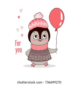 Cute little penguin in warm clothes with balloon. Vector illustration on white background. Childish cartoon design for kid t-shirts or greeting cards.