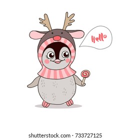 Cute little penguin is wearing a deer hat with balloon says Hello. Vector illustration on white background. Childish cartoon design for kid t-shirts or greeting cards.