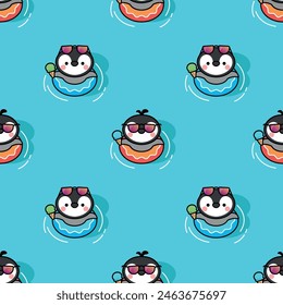 CUTE LITTLE PENGUIN IS WEARING RUBBER RING AND EATING AN ICE CREAM SEAMLESS PATTERN