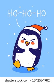 Cute little penguin wearing Santa hat on blue background - cartoon character for funny Christmas and New Year winter greeting card and poster design