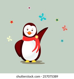 Cute little penguin wearing stylish red scarf on flowers and stars decorated background. 