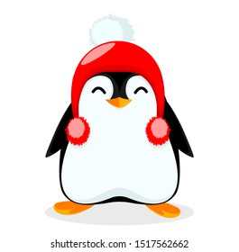 Cute little penguin wearing cute warm hat. Funny penguin cartoon character. Vector illustration on white background.