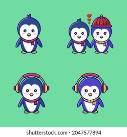 Cute little penguin wearing warm hat, scarf, and headphone