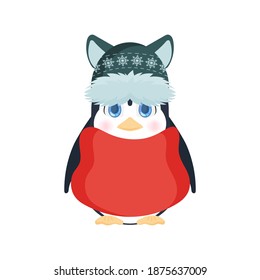 Un pequeño pingüino en un sombrero de invierno y una chaqueta. Pingüino bebé con una linda mirada. Para el diseño de cartas y libros. Vector.