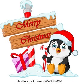 Cute little penguin with wooden signboard and gifts