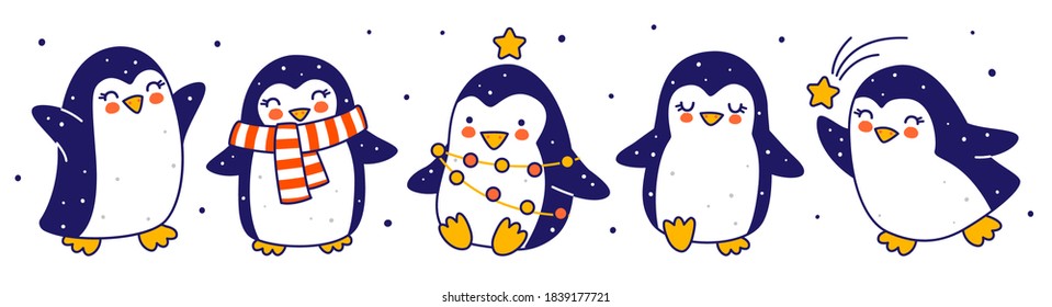 Cute little penguins border isolated on white background - cartoon characters for funny Christmas and New Year holidays panoramic banner