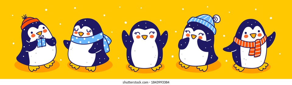 Cute little penguins border on yellow background - cartoon characters for funny Christmas and New Year holidays panoramic banner