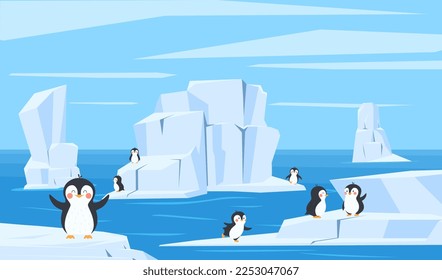 Cute little penguins cartoon characters in landscape of southern hemisphere polar nature, flat vector illustration. Baby penguins on icy and snowy scenery.