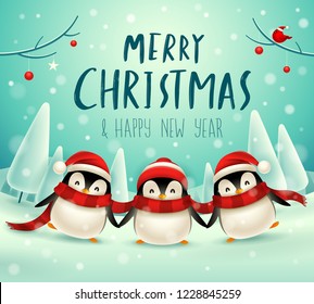 Cute little penguins in Christmas snow scene winter landscape. Christmas cute animal cartoon character.