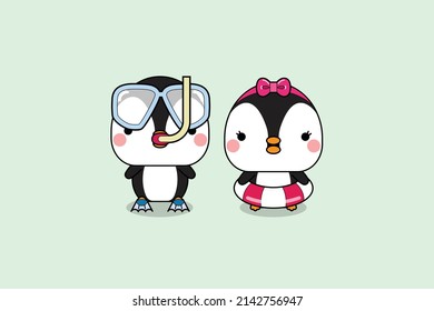 Cute little penguins couple holding safety buoy and wearing diving gear. Vector illustration.