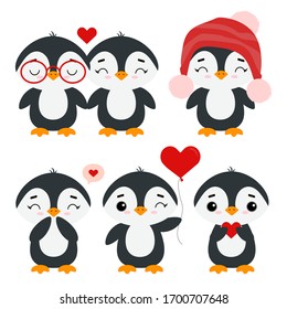 Cute little penguins. Holiday animals. New Year, Christmas, St. Valentine's Day, World Penguin Day. Set of vector illustration isolated on white background.