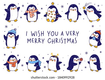 Cute little penguins isolated on white background - cartoon characters horizontal frame for funny Christmas and New Year holidays greeting card and poster design