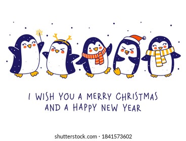 Cute little penguins isolated on white background - cartoon characters border for funny Christmas and New Year holidays greeting card and poster design