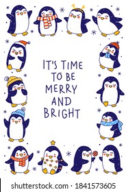Cute little penguins isolated on white background - cartoon characters vertical frame for funny Christmas and New Year holidays greeting card and poster design